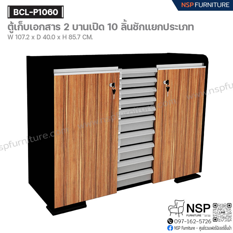 ตู้เก็บเอกสาร 2 บานเปิด 10 ลิ้นชักแยกประเภท รุ่น BCL-P1060 - NSP Furniture
